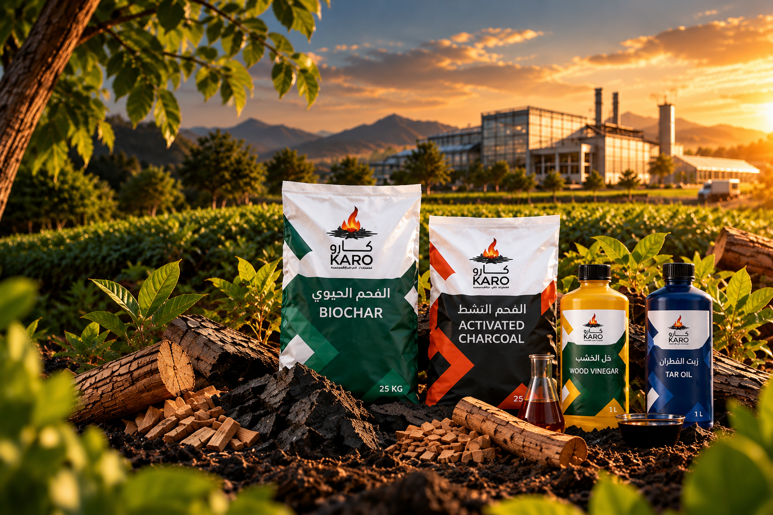 KARO Biochar, Activated Charcoal, Wood Vinegar and Tar Oil in front of a biomass processing facility at sunset
