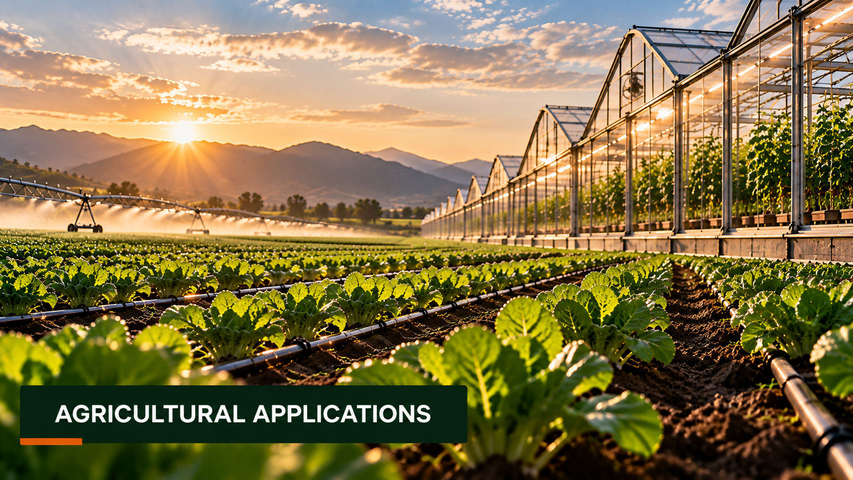 Modern agriculture with cultivated soil and greenhouses